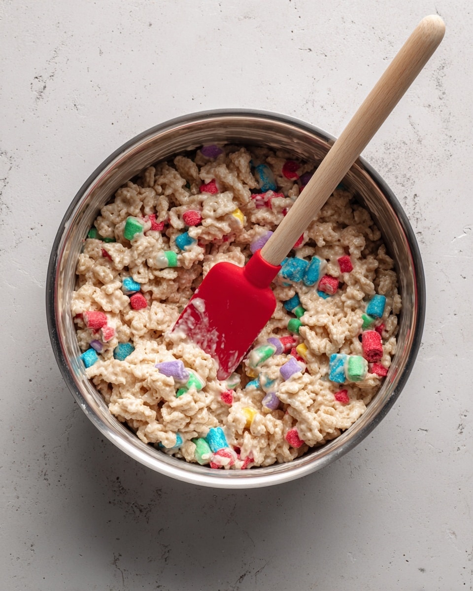 Inside a shiny silver pot on a white marbled surface, there is a mixture of beige puffed cereal clusters combined with small, colorful pastel marshmallows in red, blue, green, yellow, and purple hues. A red silicone spatula with a wooden handle is resting inside the pot, partially covered with the sticky cereal and marshmallow mixture, showing a glossy texture from the melted binding. The overall mix looks soft and sticky with varied shapes and bright spots from the marshmallows, contrasting with the matte beige cereal bits. photo taken with an iphone --ar 4:5 --v 7