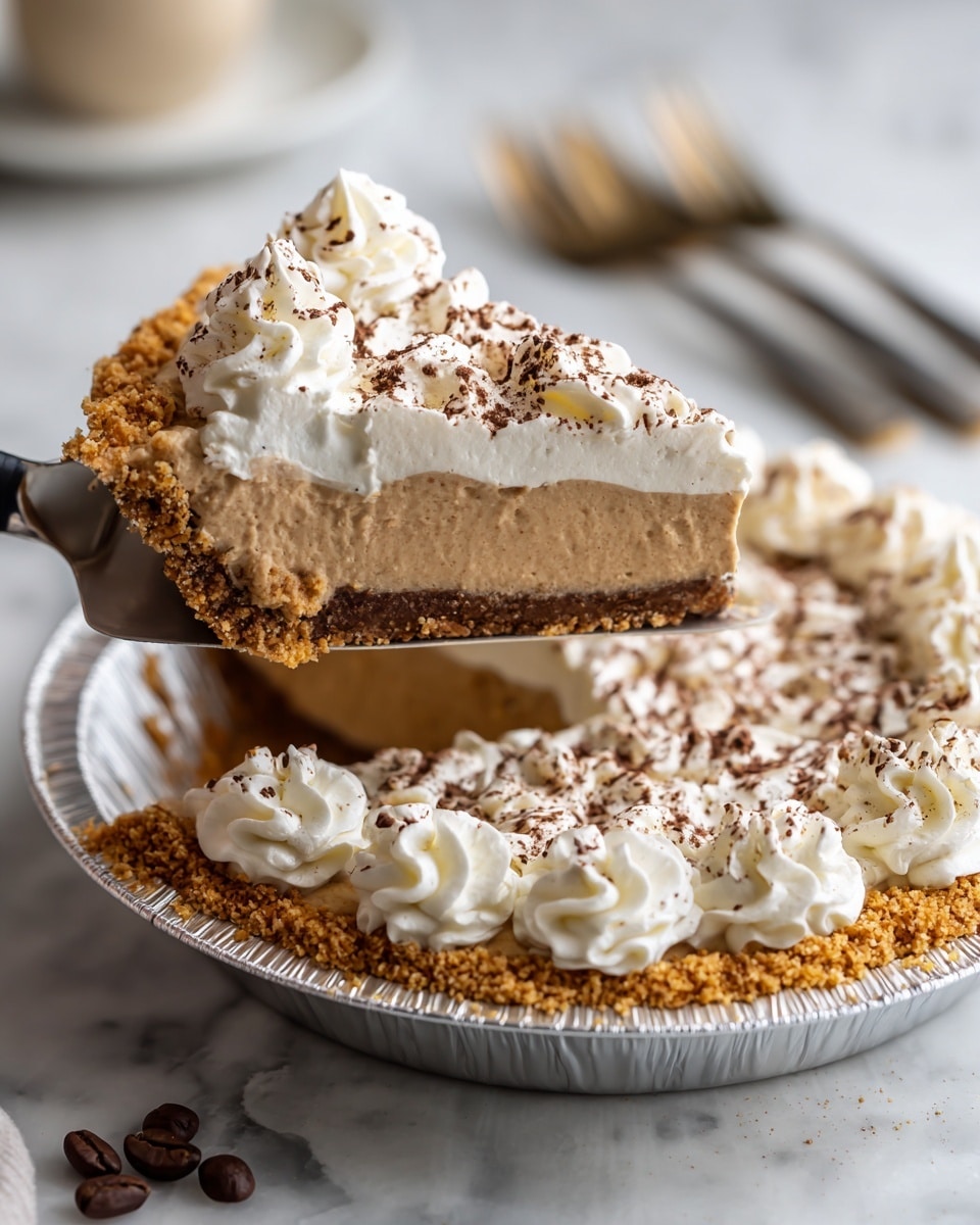 A slice of light brown mousse pie with two small dollops of white whipped cream sprinkled with cocoa powder on top sits on a white plate with crumbs of a golden, crumbly crust at the bottom layer; the mousse layer is thick and creamy with a smooth texture, slightly porous on the side, and a small piece of pie is held on a fork in the front left with some scattered cocoa powder on the white marbled surface nearby, photo taken with an iphone --ar 4:5 --v 7