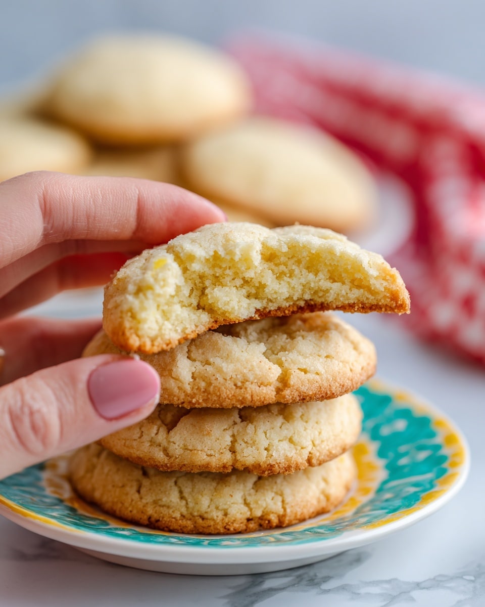 A pile of light beige cookies with slight cracks and sugar sprinkles on top are arranged closely on a turquoise plate with white floral patterns and a yellow rim. Each cookie has parallel fork marks pressed into the surface, creating a simple textured pattern. The plate sits on a dark wooden table with a red and white checkered cloth in the background, and a plain blue object to the right. The photo is taken in soft natural light, highlighting the cookies’ crumbly texture. Photo taken with an iphone --ar 4:5 --v 7