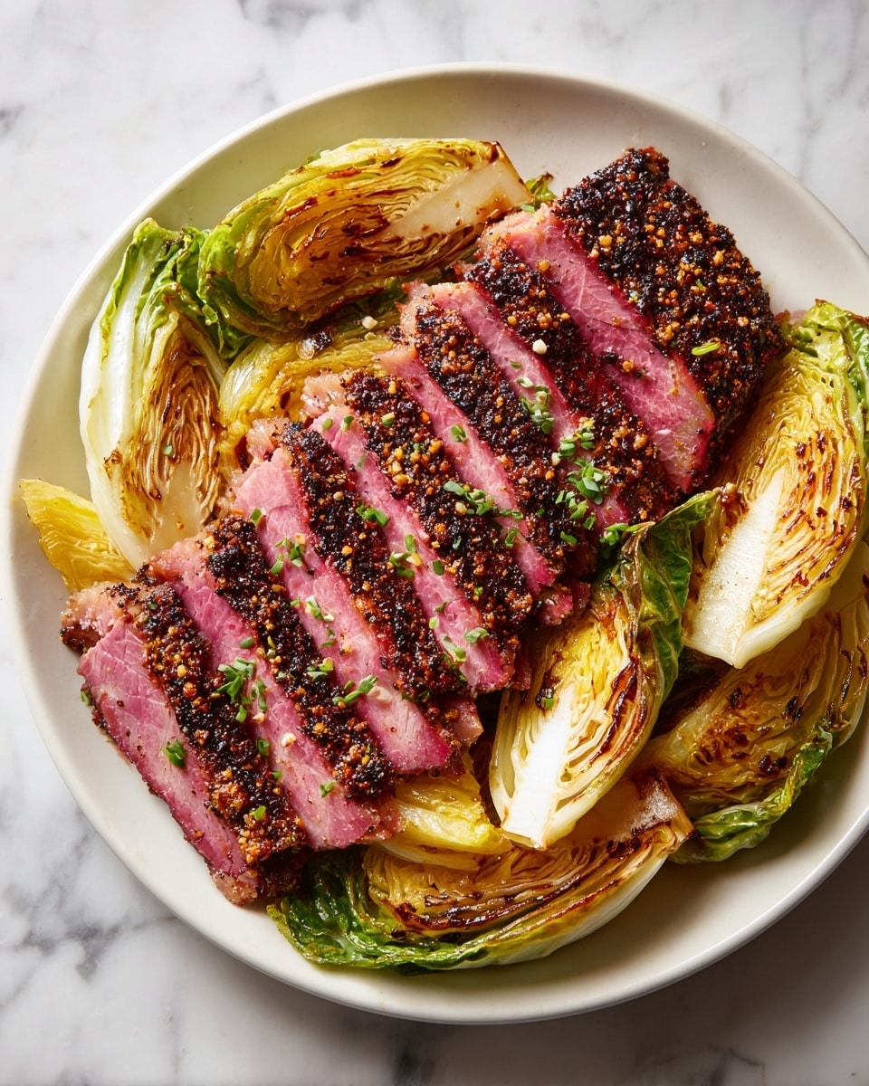 The image shows a white rectangular plate on a white marbled surface holding a sliced meat roast with a dark peppered crust on top. The meat slices reveal a pink inside, and they are aligned in a row on the right side of the plate. On the left side of the plate, pieces of grilled cabbage with light green and brown charred edges are layered next to the meat, creating a contrast of colors and textures. The background is slightly blurred, and a woman's hand holds a white napkin near the top right corner. photo taken with an iphone --ar 4:5 --v 7