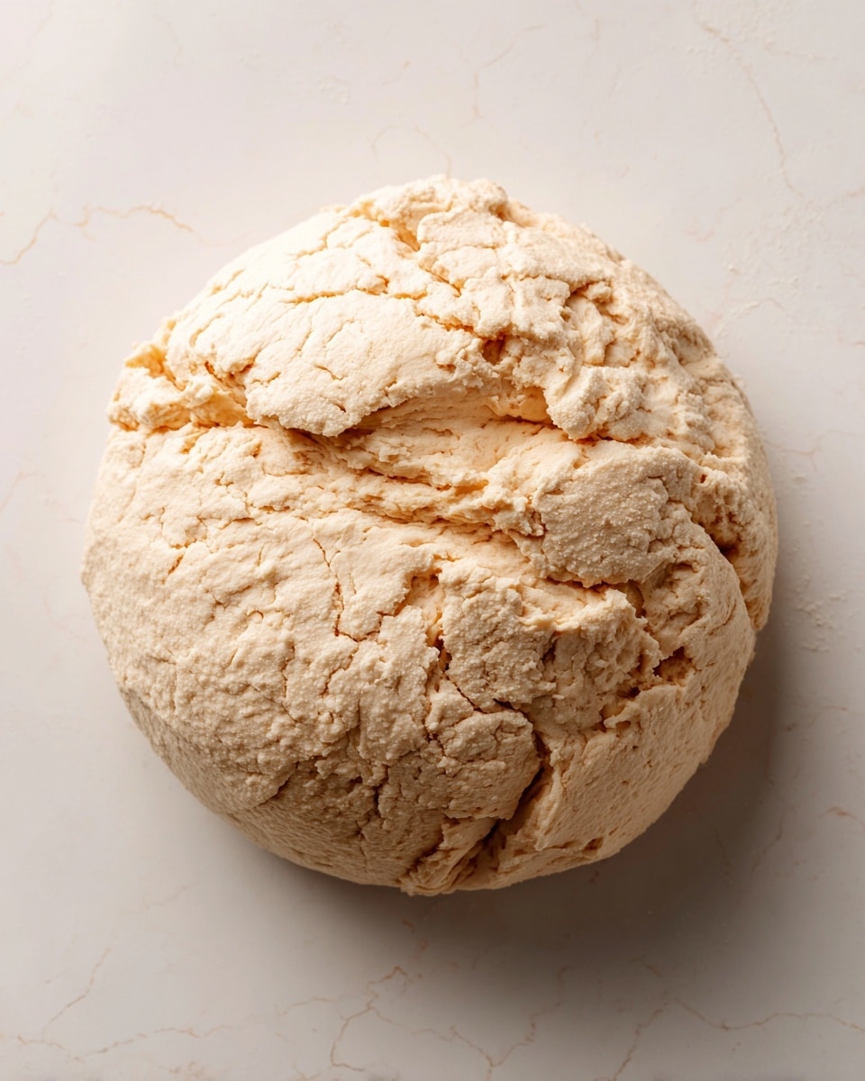 A single round dough ball is shown close up on a white marbled surface. The dough is pale beige with a slightly rough and uneven texture, showing air bubbles and cracks on its surface. The dough looks soft and thick, with visible folds and creases across the top. The background is plain and smooth, highlighting the dough's shape and texture. photo taken with an iphone --ar 4:5 --v 7