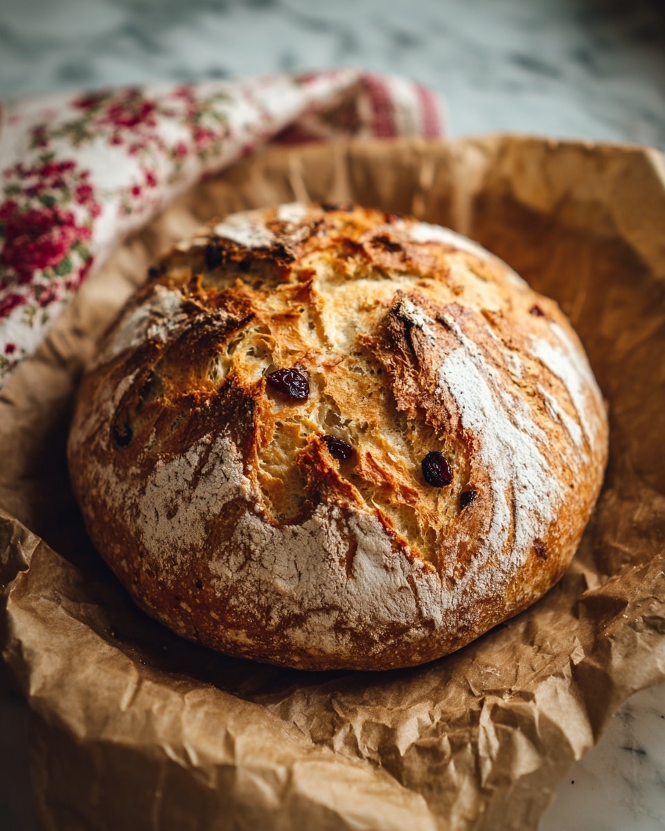 A round, homemade loaf of bread with a golden-brown crust sits on crumpled brown paper. The crust is uneven and cracked, revealing a soft, light beige inside dotted with dark raisins throughout. The bread has a rustic texture with some rough, crumbly edges and deeper cracks showing the fluffy inside, and the background features a white marbled surface with a red and white floral cloth partially visible behind the bread. Photo taken with an iphone --ar 4:5 --v 7