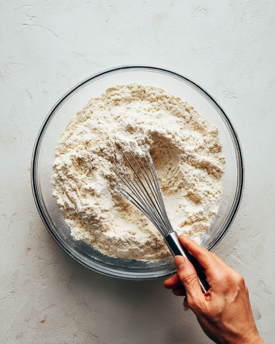 A clear glass bowl sits on a white marbled surface filled with pale beige flour. Inside the bowl, a metal whisk with a black handle is partially mixed into the flour, creating soft ridges and texture variations on the surface of the flour. A woman's right hand holds the edge of the bowl steady, while her left hand grasps the whisk, poised as if to continue stirring. The lighting is bright and even, highlighting the fine particles of the flour and the smooth texture of the glass bowl. photo taken with an iphone --ar 4:5 --v 7