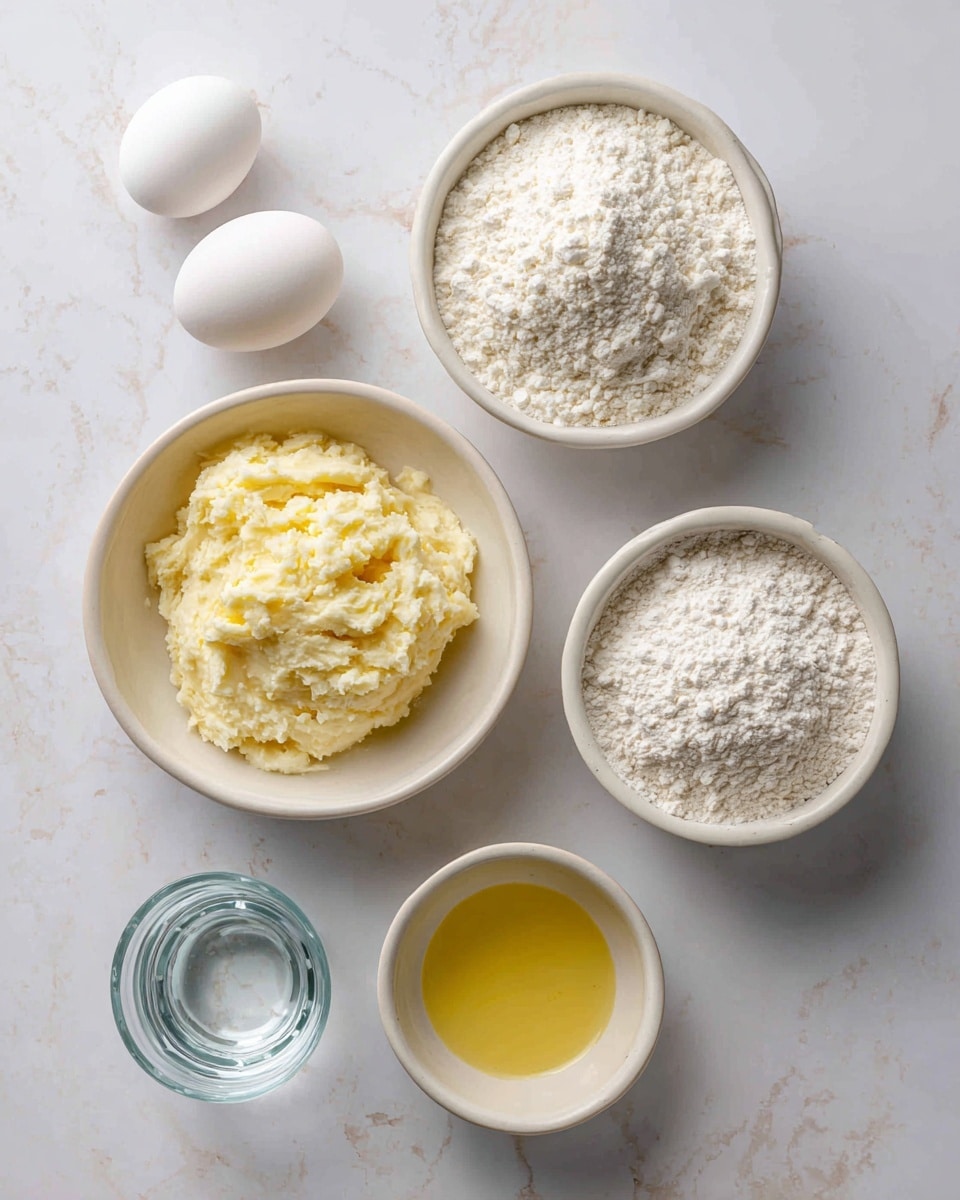 The image shows five small white bowls arranged on a white marbled surface. In the center, there is a bowl filled with a pale yellow mashed or creamed substance with a soft, uneven texture. To the top right is a bowl full of white flour with a slightly rough texture on top. Below it, there is a bowl containing melted butter with a smooth, shiny yellow surface. On the top left, a bowl holds a whole white egg. Two small clear glasses are in the lower left corner, one empty and the other containing a small amount of transparent liquid. Photo taken with an iphone --ar 4:5 --v 7