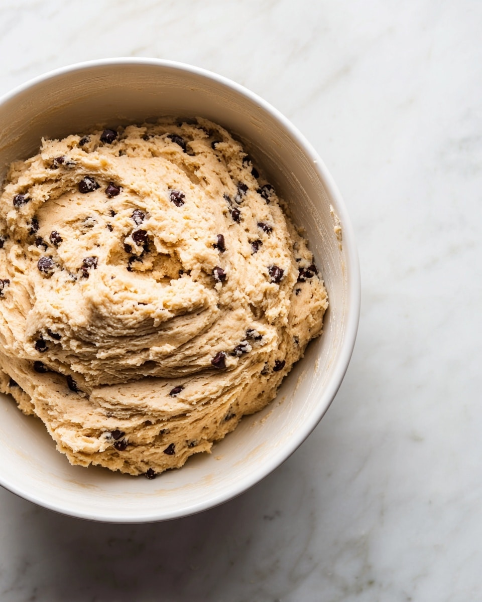 A close-up view of a thick dough mixed with small dark spots, likely raisins or chocolate chips, placed inside a large white bowl. The dough has a soft and slightly rough texture with uneven edges, sitting flat against the bottom of the bowl. The inside surface of the bowl appears smooth and clean, contrasting with the dough's texture. The background is a white marbled surface. photo taken with an iphone --ar 4:5 --v 7