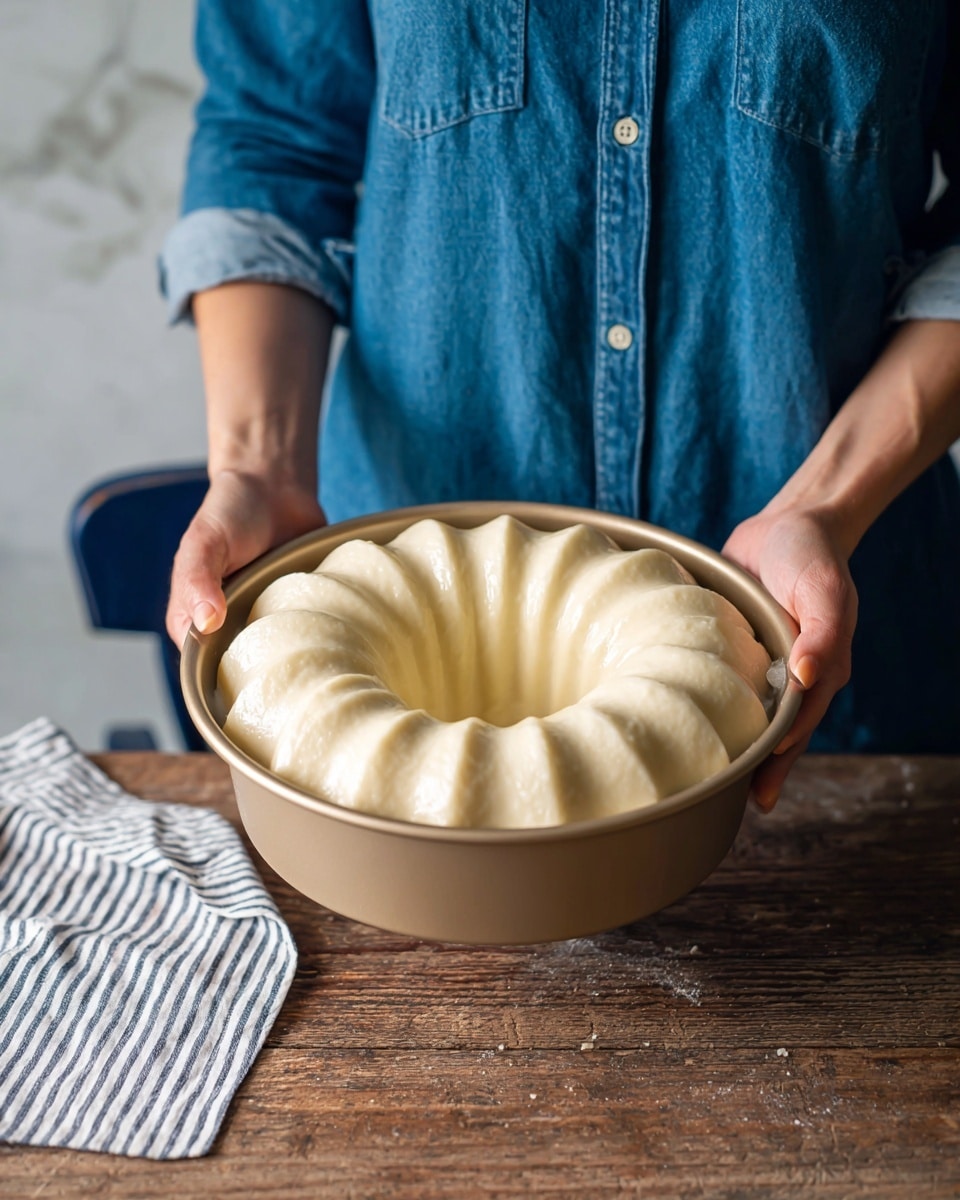 A close-up view of a person wearing a blue denim shirt holding a gold Bundt cake pan filled with smooth pale yellow cake batter. The pan has a fluted design with deep ridges and a central hollow tube. The person's arms are bent, with their woman's hands gripping each side of the pan. The pan is resting on a rustic wooden table with a white and black striped cloth on the left side. The background features a white marbled texture with hints of a dark blue chair behind the person. Photo taken with an iphone --ar 4:5 --v 7