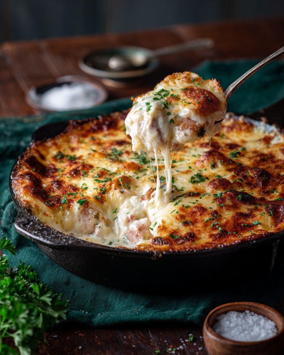 A round black pot filled with a creamy, golden-brown baked dish topped with melted cheese that is browned in some spots and sprinkled with chopped green herbs. The dish has a bubbly texture with a few darker toasted spots, sitting on a dark cloth with a rustic silver spoon beside it on a white marbled surface. In the background, a small bowl with coarse salt and a black lid are visible, and some fresh green herbs lie next to the pot. Photo taken with an iphone --ar 4:5 --v 7