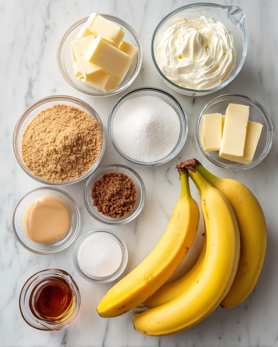 The image shows various ingredients arranged neatly on a white marbled texture surface. There are three bright yellow ripe bananas placed in the center. Around the bananas, there are small clear glass bowls filled with different ingredients: light tan fine graham cracker crumbs, dark brown sugar with a coarse texture, pure white powdered sugar, and fine white granulated sugar. A small clear glass bowl holds salt, and another contains a rich, thick, light golden sweetened condensed milk. Four small rectangular sticks of pale yellow butter are arranged near the top center. A clear glass measuring cup holds heavy whipping cream with a smooth white color. Lastly, a small amber-colored bottle contains vanilla extract placed near the bottom left of the image. All the items are shown on the white marble surface with bright even lighting, eyes level and top view perspective. photo taken with an iphone --ar 4:5 --v 7