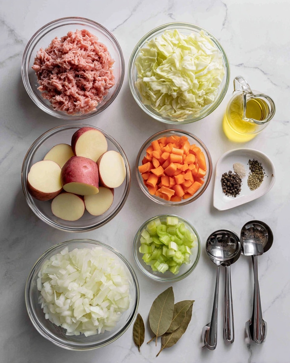 This image shows seven clear glass bowls arranged neatly on a white marbled surface. At the top left, there is a bowl filled with shredded pinkish-red cooked meat. To the right of it is another bowl with light green chopped cabbage. Below the meat, a bowl holds quartered red-skinned potatoes with white insides. Next to it, on the right, is a bowl of bright orange sliced carrots. Under the potatoes, a small bowl contains finely chopped white onions, and beside it stands another bowl filled with chopped green celery. On the far right, a small glass container holds yellow cooking oil. Below these bowls, three metal measuring spoons contain black pepper, caraway seeds, and finely minced garlic. Lastly, two bay leaves are placed on the surface near the spoons. Two cartons of beef broth are also visible at the bottom left corner. photo taken with an iphone --ar 4:5 --v 7