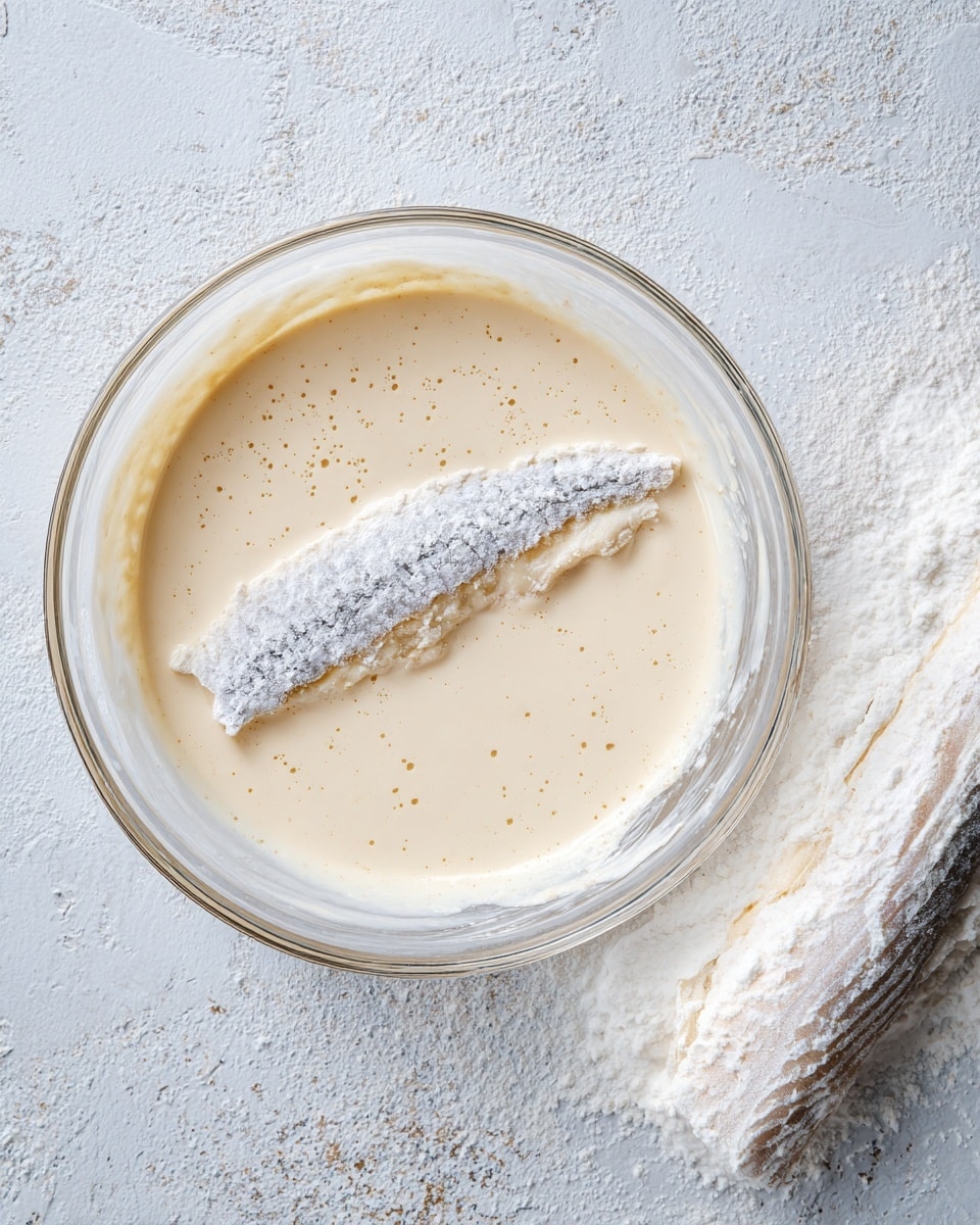 A clear glass bowl sits on a white marbled surface, filled with light beige batter that has a creamy, slightly bubbly texture. Inside the batter, near the center, is a piece of light grey fish coated in a thin layer of white flour. To the right of the bowl, there is a white floured strip of fish resting on the marbled surface. The overall scene shows preparation for frying the fish with batter. photo taken with an iphone --ar 4:5 --v 7