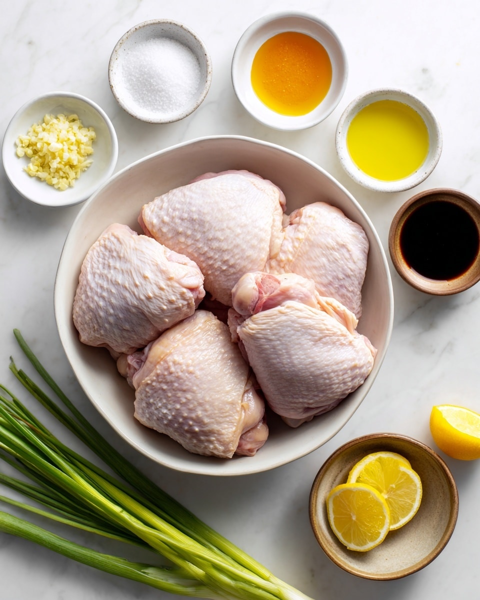 The image shows a white bowl in the center holding five raw chicken thighs with light pink skin and a slightly bumpy texture. Around the bowl, there are small white bowls and one small brown bowl arranged neatly on a white marbled surface. Each bowl contains different ingredients: one has coarse white salt, another has bright orange honey, a third holds light yellow lemon juice, a fourth contains dark soy sauce, and a fifth smaller white bowl has four peeled garlic cloves. The brown bowl contains minced garlic, which is pale yellow with a fine texture. Below the bowls, there is a group of fresh green onions with long green stalks lying slightly diagonally, and thin lemon slices that show a bright yellow color with a translucent flesh. The image is clean and well-lit, with a simple and fresh look. Photo taken with an iphone --ar 4:5 --v 7