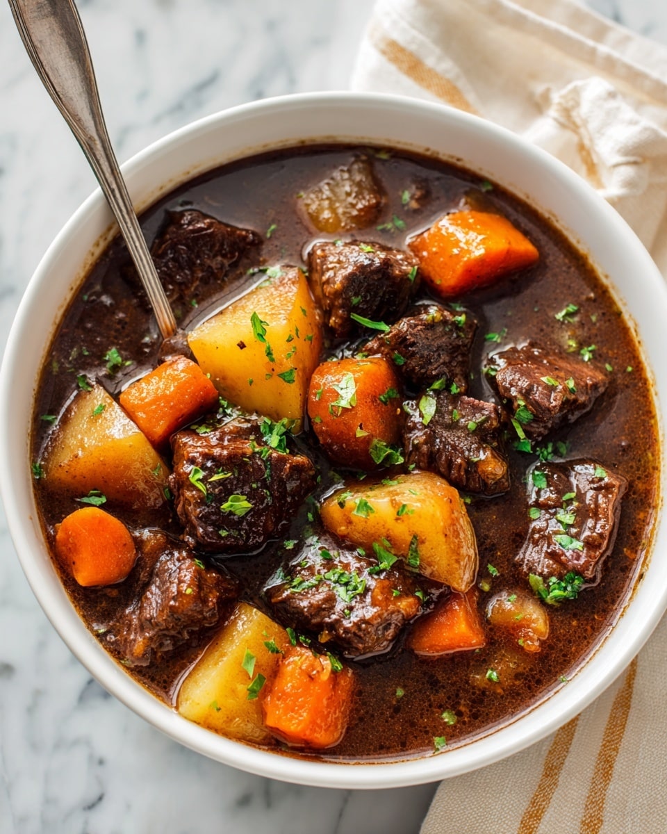 A large silver pot filled with a dark brown broth visible from above, with small chunks of orange carrot, pale yellow potato, and some pieces of dark brown meat scattered throughout. The broth has a slightly oily surface with herbs and tiny bubbles floating. The pot is sitting on a white marbled surface, and steam is faintly rising from the hot soup. photo taken with an iphone --ar 4:5 --v 7