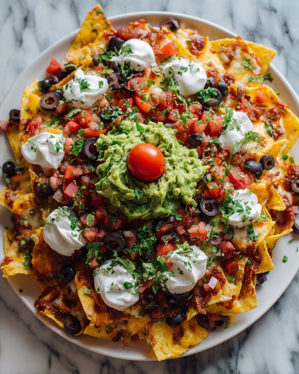 The dish is a large round nacho platter on a white plate set on a white marbled surface. The bottom layer is a crisp, golden-brown tortilla chip base covered with melted yellow and white cheese that looks slightly browned at the edges. On top of the cheese, there are small diced red tomatoes and sliced black olives spread evenly. Five dollops of white sour cream with a smooth texture are placed around the center, where a mound of green guacamole topped with a single small red cherry tomato sits, creating a colorful and fresh look. Chopped green herbs are sprinkled lightly for garnish. Photo taken with an iphone --ar 4:5 --v 7