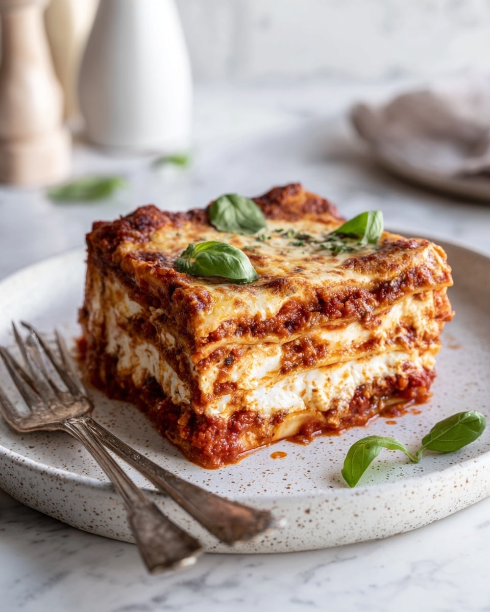 A square piece of layered lasagna sits on a white plate with speckled texture, showing four distinct layers: a bottom layer of chunky red tomato sauce partly spreading beyond the edge, two middle layers of creamy white cheese mixed with sauce, and a top layer of melted, light golden cheese. Fresh green basil leaves are scattered on top, adding a touch of color and texture contrast. A vintage silver fork lies diagonally on the plate's left side, and the background shows a white marbled texture with blurred items in soft focus. Photo taken with an iphone --ar 4:5 --v 7