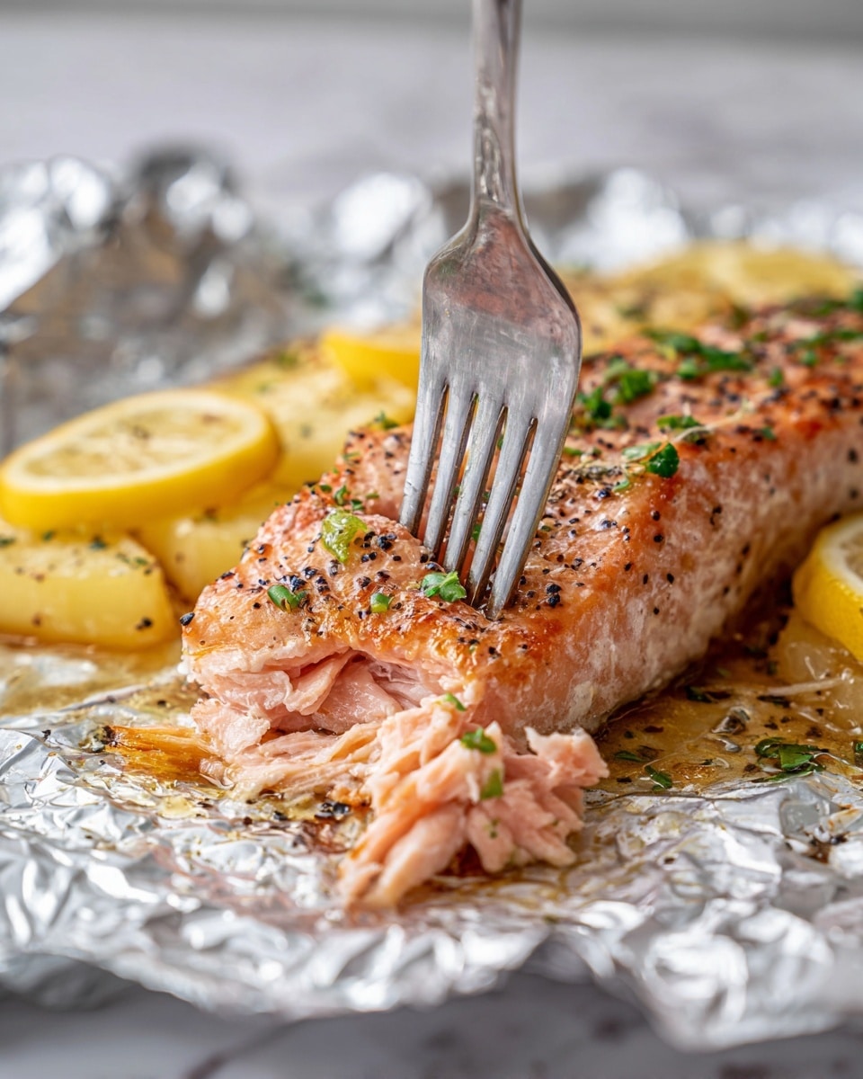 The image shows a close-up of cooked salmon with a golden-brown and slightly crispy top layer seasoned with black pepper and small green herb bits. The salmon fillet's flesh is light pink and flaky, revealed as a silver fork lifts a tender piece. Underneath the salmon are bright yellow lemon slices, partially visible and adding a juicy texture. The dish rests on crumpled silver foil with some glossy juice around the fish. The background is a white marbled texture. photo taken with an iphone --ar 4:5 --v 7