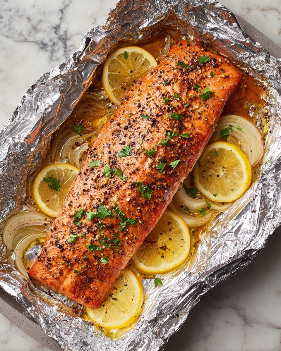 A thick, golden-brown salmon fillet sits on crinkled shiny silver foil, with bright yellow cooked lemon slices and soft yellow onion rings underneath it. The salmon's surface is speckled with black pepper and small green parsley leaves scattered on top, adding pops of color. The foil edges curl outward, showing some juices pooling at the base around the salmon. The whole scene rests on a white marbled surface. photo taken with an iphone --ar 4:5 --v 7