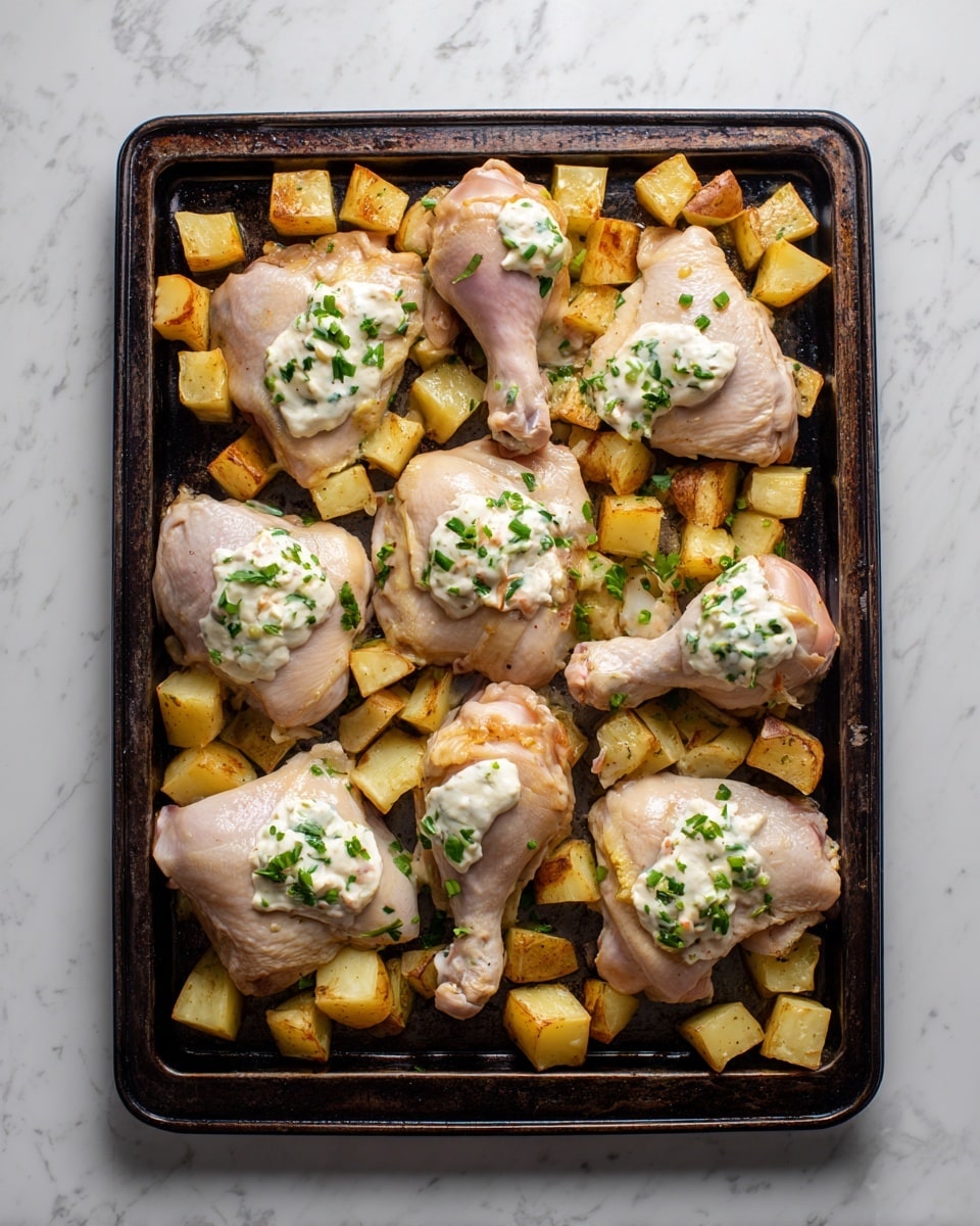The image shows a dark baking tray filled with raw pieces of chicken, including thighs and drumsticks. The chicken skin is pale pink and smooth, each piece topped with dollops of white creamy sauce mixed with green herb bits. Surrounding the chicken pieces are small, uneven cubes of light brown potatoes with their skin on, scattered all around. The tray has a slightly worn and seasoned look, enhancing the contrast between the light chicken and potatoes. The background is a white marbled surface. Photo taken with an iphone --ar 4:5 --v 7