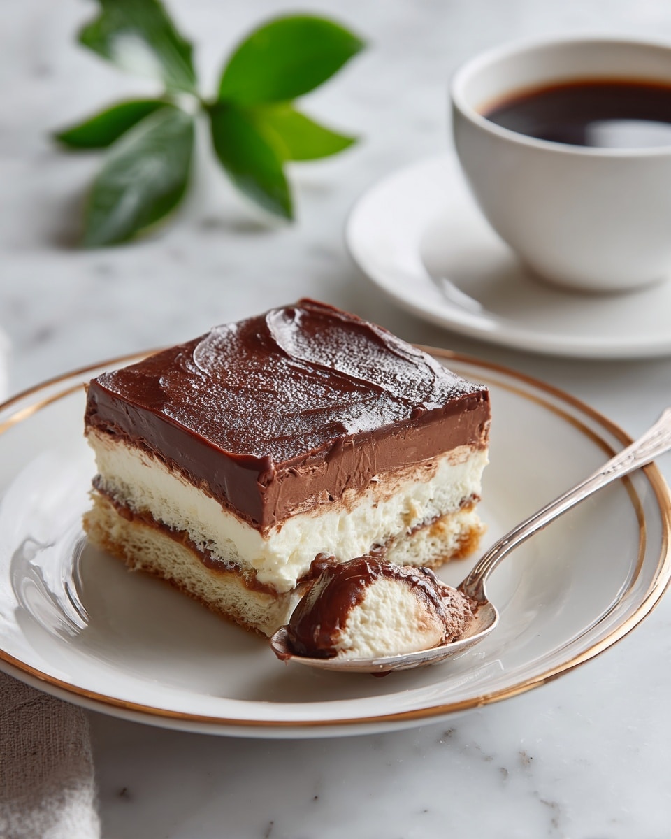 A square piece of layered dessert sits on a white plate with a gold rim, featuring three layers: the bottom layer is creamy and light-colored with a soft texture, the middle layer is thick and dark chocolate with a smooth, slightly wrinkled surface, and the top layer is a thin, glossy chocolate layer. A silver spoon, resting on the plate, holds a scoop showing the dessert's creamy inside combined with chocolate, positioned next to the main piece. In the top right corner, a white cup filled with dark coffee is partially visible, and a green leaf is placed on the top left edge of the image, all set on a white marbled surface. photo taken with an iphone --ar 4:5 --v 7
