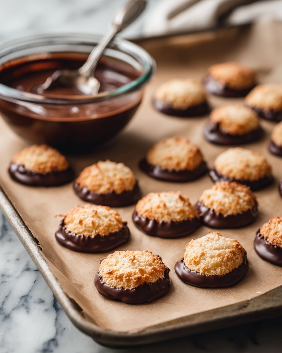 The image shows two groups of golden brown coconut cookies that are round and lightly crisp on top. On the left, nine cookies sit on a baking tray lined with light brown parchment paper, each cookie resting on a thick layer of melted dark chocolate that spreads slightly on the paper, creating a dark glossy base. Behind this tray, there is a clear glass bowl filled with glossy melted dark chocolate with a spoon inside. On the right, there are fourteen plain cookies cooling on a wire rack, all evenly spaced, showing their uneven textured tops and light toasted coconut edges. Both trays are placed on a white marbled surface with a white tiled wall in the background. The photo taken with an iphone --ar 4:5 --v 7