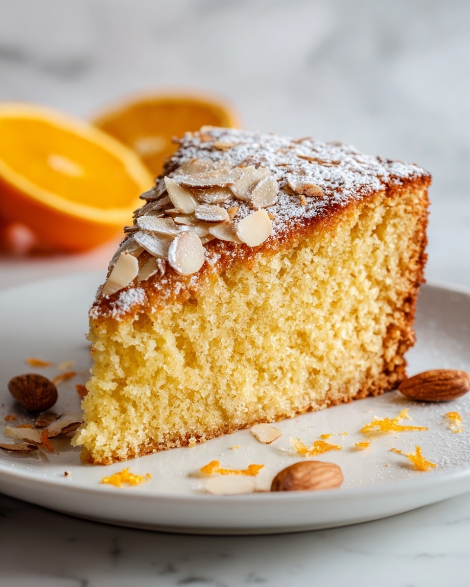 A round cake with one slice removed is placed on a dark surface with powdered sugar dusted thickly over the top, creating a white textured layer with small orange zest scattered over it. The middle layer of the cake shows a golden brown color with a slightly dense texture. To the top left of the cake, there are two orange halves with vibrant bright orange flesh, and some scattered almond slivers lie near them. On the right side, a black plate holds a partly visible orange slice and a silver fork placed on a white marbled surface. photo taken with an iphone --ar 4:5 --v 7