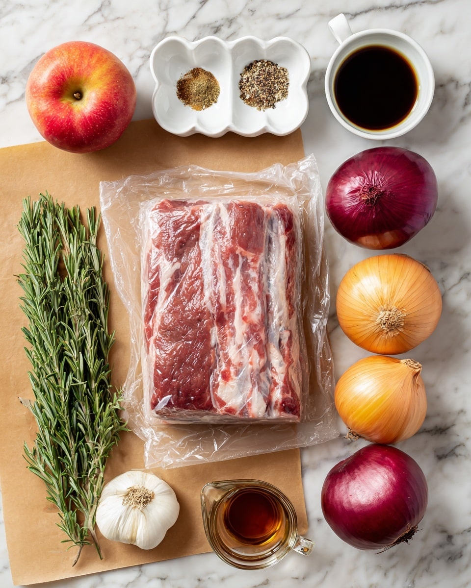 The image shows a large piece of raw meat in vacuum-sealed plastic placed at the center of a brown cutting board on a white marbled surface. To the right side of the meat, there are five onions in a row, alternating colors between red and yellow. To the left of the meat, there is a garlic bulb, a bundle of fresh rosemary, and a whole red apple positioned below them. Above the cutting board, a small white scalloped dish holds mixed spices, next to it are two small measuring cups filled with olive oil and balsamic vinegar. Below the cutting board on the marbled surface, there is a glass measuring cup filled with a brown liquid. photo taken with an iphone --ar 4:5 --v 7