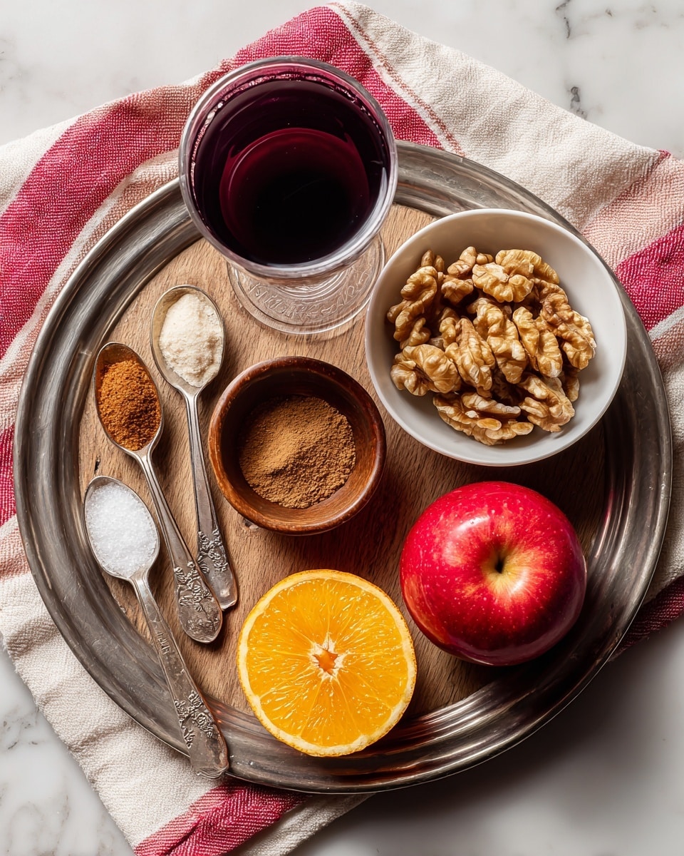 The image shows a metal tray on a wooden board with a red-striped cloth nearby, all on a white marbled surface. On the tray, there is a white bowl filled with walnuts at the top right corner, a small glass filled with dark purple kosher wine or grape juice at the top left, a small brown bowl in the middle left holding brown sugar or coconut sugar, and three spoons lined up along the bottom left holding white salt, brown cinnamon, and light brown cardamom powder. On the bottom right, there is a whole red apple next to a half-cut apple showing its seeds, and next to them is a half orange with orange zest visible. The arrangement is neat and clearly labels each ingredient. Photo taken with an iphone --ar 4:5 --v 7