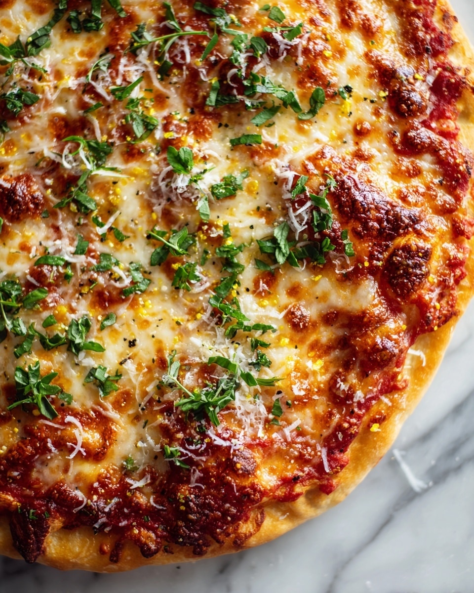 A close-up view of a pizza showing one main layer of melted golden cheese with slight browning and bubbly texture, topped with a thin layer of bright red tomato sauce barely visible beneath the cheese. Scattered all over are fresh green herb leaves, finely chopped, adding a burst of color. Shredded white cheese is sprinkled unevenly on the surface. Tiny flecks of black pepper and small bits of yellow zest are spread across the top, giving extra texture and color contrast. The pizza sits on a white marbled surface photo taken with an iphone --ar 4:5 --v 7