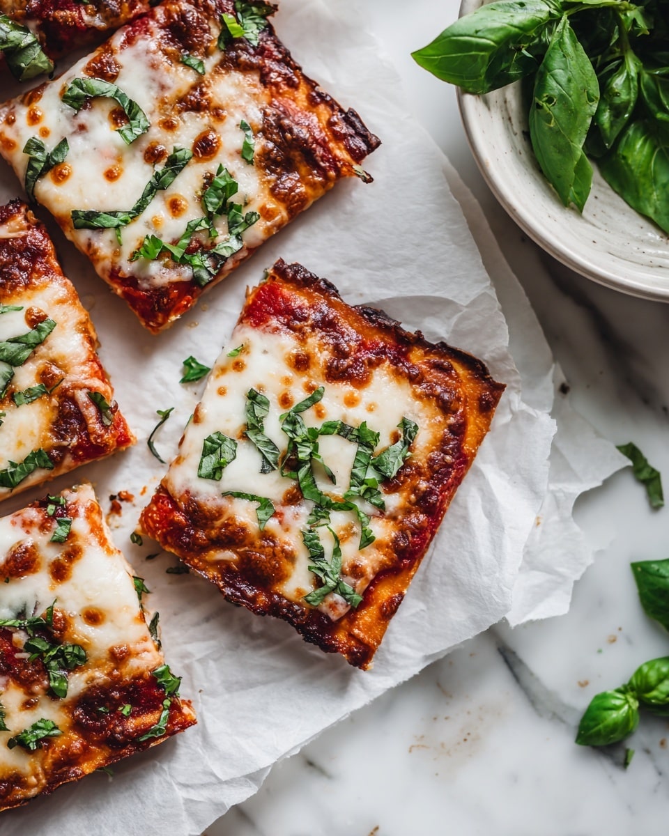 The image shows square slices of thin crust pizza on white parchment paper, placed on a white marbled surface. The bottom layer is a crispy, lightly charred crust with browned edges. On top, there is a layer of red tomato sauce, followed by melted cheese that has a light golden color in spots. Fresh green herbs like cilantro and basil are scattered over the cheese, adding vibrant green color and texture. To the right, part of a white bowl with fresh basil leaves can be seen, adding freshness to the setting. The overall look is rustic and appetizing with a focus on bright reds, greens, and golden browns. Photo taken with an iphone --ar 4:5 --v 7