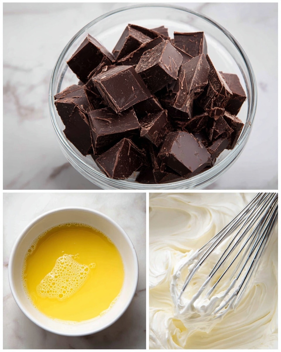 The image shows three close-up photos in a collage style. The largest photo on the left displays a clear bowl filled with dark brown chocolate pieces, some with smooth, blocky shapes and others with rougher, uneven edges, sitting on a white marbled surface with a digital scale reading 120 grams below it. The top right photo shows a white bowl containing a yellow, foamy liquid with some bubbles on the surface. The bottom right photo features a silver whisk covered in thick, smooth, and creamy white whipped mixture, with the whisk's wires clearly covered and holding shape. Photo taken with an iphone --ar 4:5 --v 7