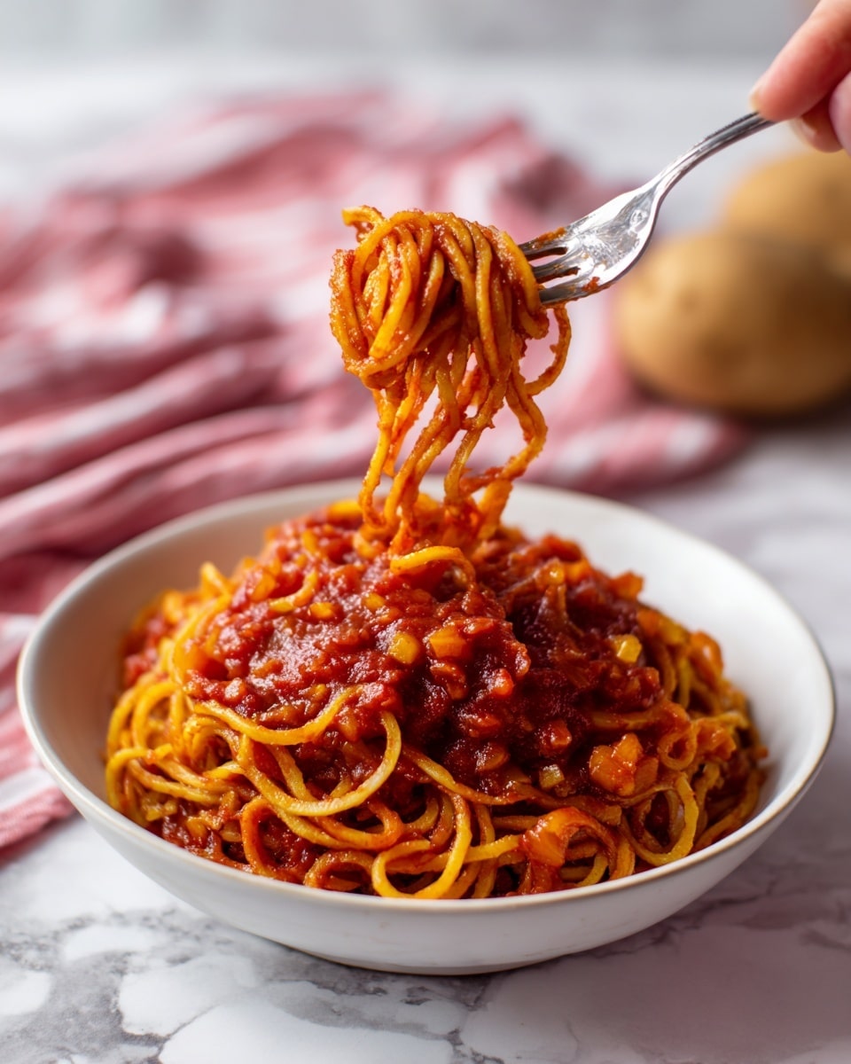 A white bowl filled with a round layer of orange spiral noodles at the bottom, topped with a thick layer of chunky red tomato sauce mixed with small yellowish grains and bits, creating a textured look. A woman's hand holds a silver fork lifting a twist of the orange noodles mixed with some sauce, above the bowl. The background features a soft pink and white striped cloth and a blurred whole potato on a white marbled surface. Photo taken with an iphone --ar 4:5 --v 7