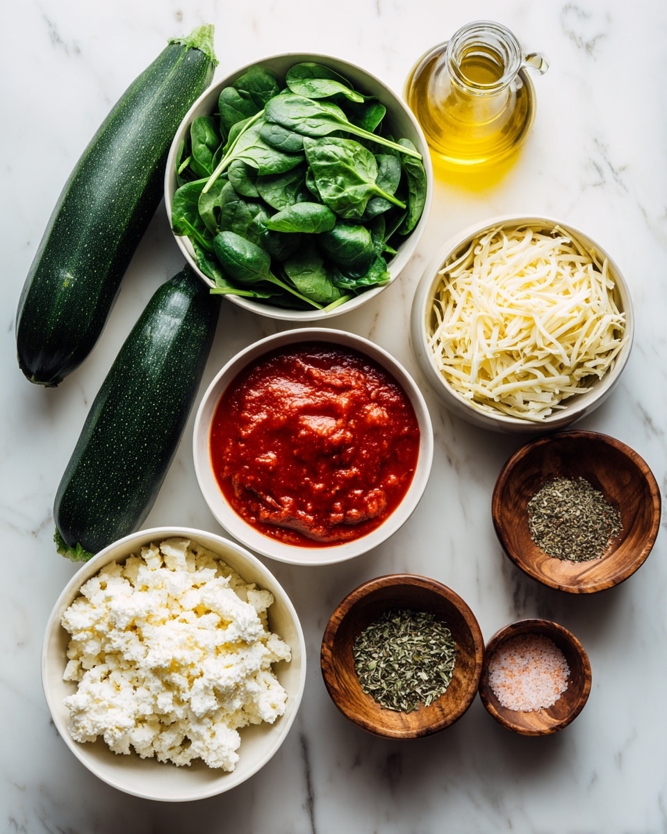 The image shows fresh ingredients placed on a white marbled surface for cooking. There are three whole dark green zucchinis lying flat. A round white bowl is filled with fresh dark green spinach leaves. Next to it, another round white bowl holds crumbly white cheese. A smaller white bowl contains light yellow shredded cheese, and another small white bowl has a rich, red tomato sauce. Two round wooden dishes hold dry spices, one with mixed green and brown herbs and the other with pink salt and black pepper. A clear glass bottle with golden olive oil stands near the top middle. Photo taken with an iphone --ar 4:5 --v 7
