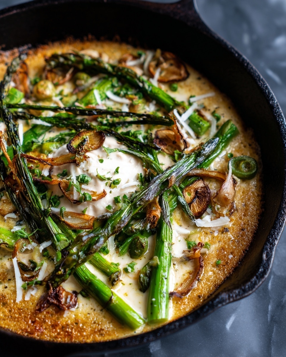 A close-up view of a cooked dish in a black cast iron pan with a dark background replaced by a white marbled texture. The bottom layer is a browned, crispy texture, topped with a small dollop of creamy white sauce in the center. On top of this are thin roasted green stalks, some slightly charred, arranged unevenly around and crossing over the sauce. Around them are scattered small pieces of light brown, roasted slices. Small shreds of white cheese are sprinkled over the entire dish. photo taken with an iphone --ar 4:5 --v 7