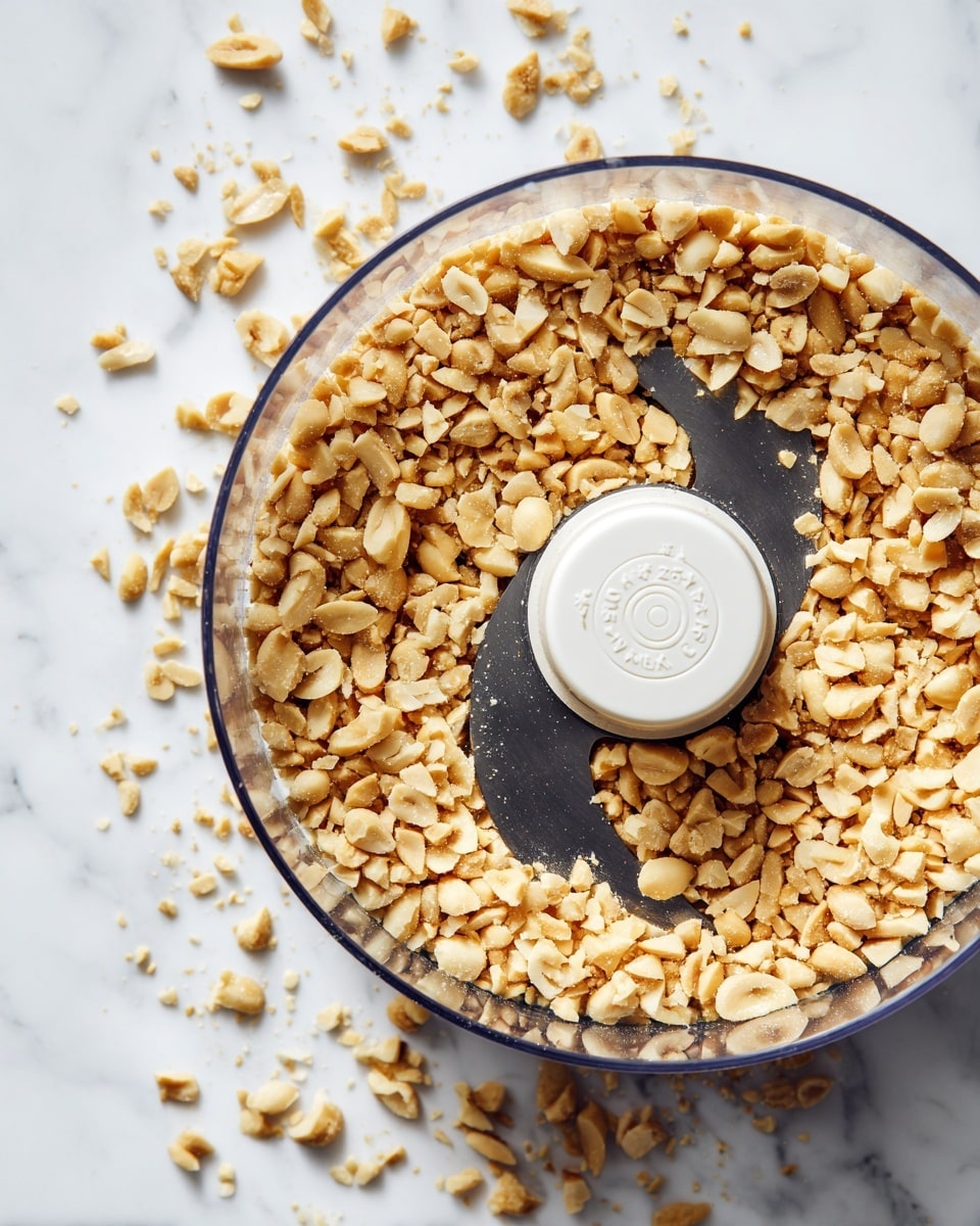 The image shows a close-up top view of a food processor bowl filled with small chopped nuts. The nuts are light brown with a slightly rough texture, scattered evenly around the curved metal blade in the center. The bowl is clear, and the blade has a round white base with some text on it. The background is a white marbled surface, creating a clean look. photo taken with an iphone --ar 4:5 --v 7