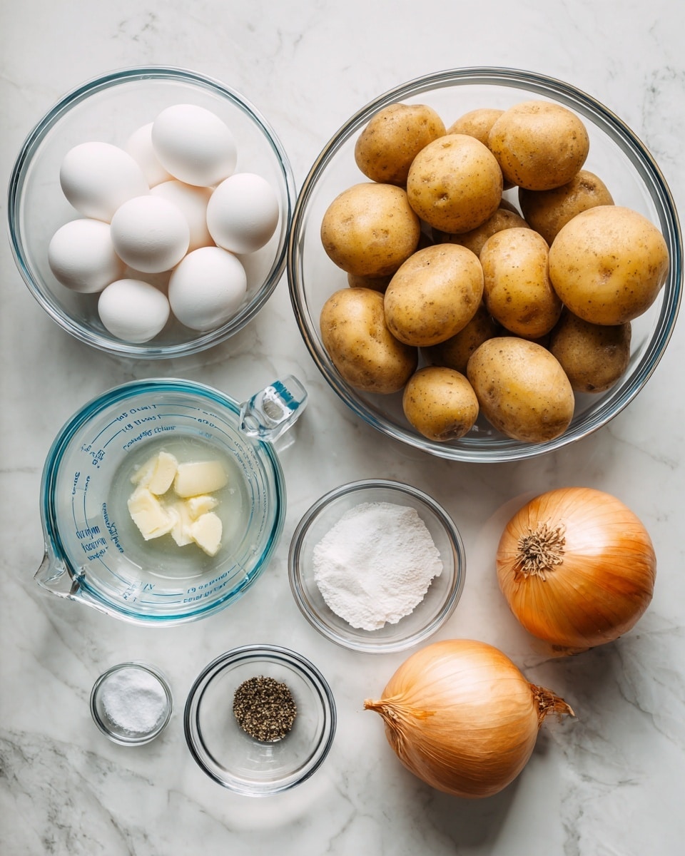 The image shows a food preparation setup on a white marbled surface. In the center right, there is a clear glass bowl filled with eight medium-sized brown potatoes. To the left of the potatoes, a smaller clear glass bowl holds five white eggs. Below these, two transparent measuring cups with liquid are placed side by side, one slightly larger than the other. In front of the measuring cups, there are two small clear glass bowls, one containing white salt and the other filled with ground black pepper. On the bottom right corner, two whole yellow onions with their brown skins are placed next to each other. The arrangement of the ingredients is neat and spaced evenly. Photo taken with an iphone --ar 4:5 --v 7