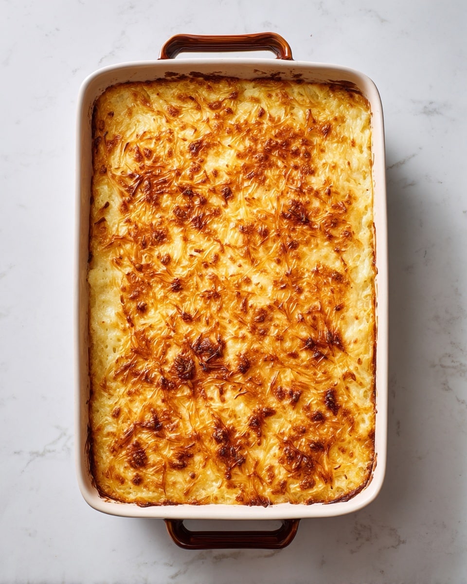 A rectangular white baking dish with brown handles on each side holds a single thick golden-brown baked casserole layer. The top layer is uneven with a crispy, textured surface showing finely shredded pieces, browned in places to a deeper color, and slightly darker edges. The casserole fills the dish fully, reaching the edges with some slight caramelization around the border. The dish rests on a white marbled surface. photo taken with an iphone --ar 4:5 --v 7