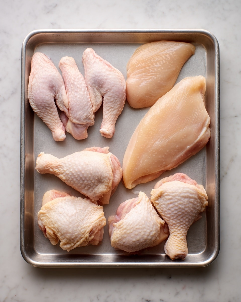 A metal tray on a white marbled surface holds eight raw pieces of chicken separated neatly. In the top left corner, there are two light pink chicken wings with skin. Below them are two drumsticks, pale with a matte skin texture. In the center of the tray are two large chicken breast pieces, pale with a smooth skin texture. On the right side, there are three chicken thighs, light pink and plump with skin covering them. The tray shows some moisture around the chicken pieces. photo taken with an iphone --ar 4:5 --v 7