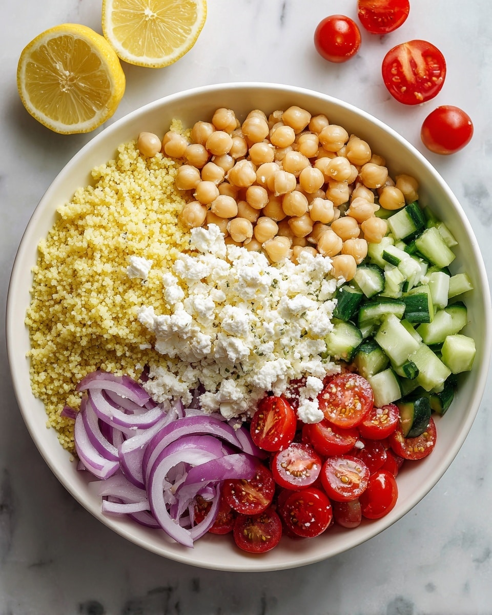 A white bowl holds a colorful layered salad with five clear sections visible from above. At the base under some ingredients is a bed of golden yellow grains, possibly quinoa or couscous, with a textured soft appearance. On top and to the right is a layer of light green cucumber pieces, soft and fresh looking. Next to the cucumber, at the top center, are light beige chickpeas, round and smooth. To the left of the chickpeas are chunked bright red cherry tomatoes, slightly shiny and juicy. Below the tomatoes, at the bottom left, are thin slices of light purple-red onion, layered and translucent. Soft white crumbled cheese is added across the center over the chickpeas, tomatoes, cucumber, and some grains. The bowl is placed on a white cloth with a red stripe on a white marbled textured surface. In the background, there are two lemon wedges and two whole cherry tomatoes with a glass jar partly visible. The overall look is fresh and vibrant. Photo taken with an iphone --ar 4:5 --v 7