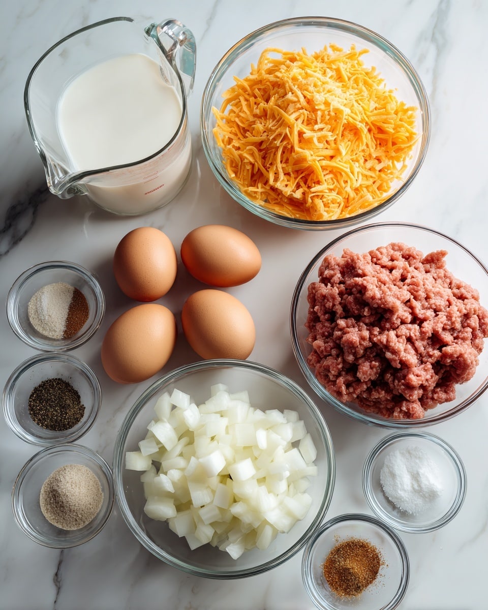 The image shows several clear glass bowls on a white marbled surface, each filled with different ingredients. From left to right, there is a bowl full of shredded bright orange cheese, a bowl of light pink ground meat with white bits mixed in, and a bowl holding five brown eggs. Below these, a medium bowl holds small white diced pieces that look like potatoes, next to a smaller bowl with white chopped onions. There is a clear measuring cup filled with white milk to the left, and four small clear bowls arranged in a line contain black pepper, a white powder (likely salt), and two garlic powders, all sitting on the white marbled surface. The setup looks ready for cooking preparation. photo taken with an iphone --ar 4:5 --v 7