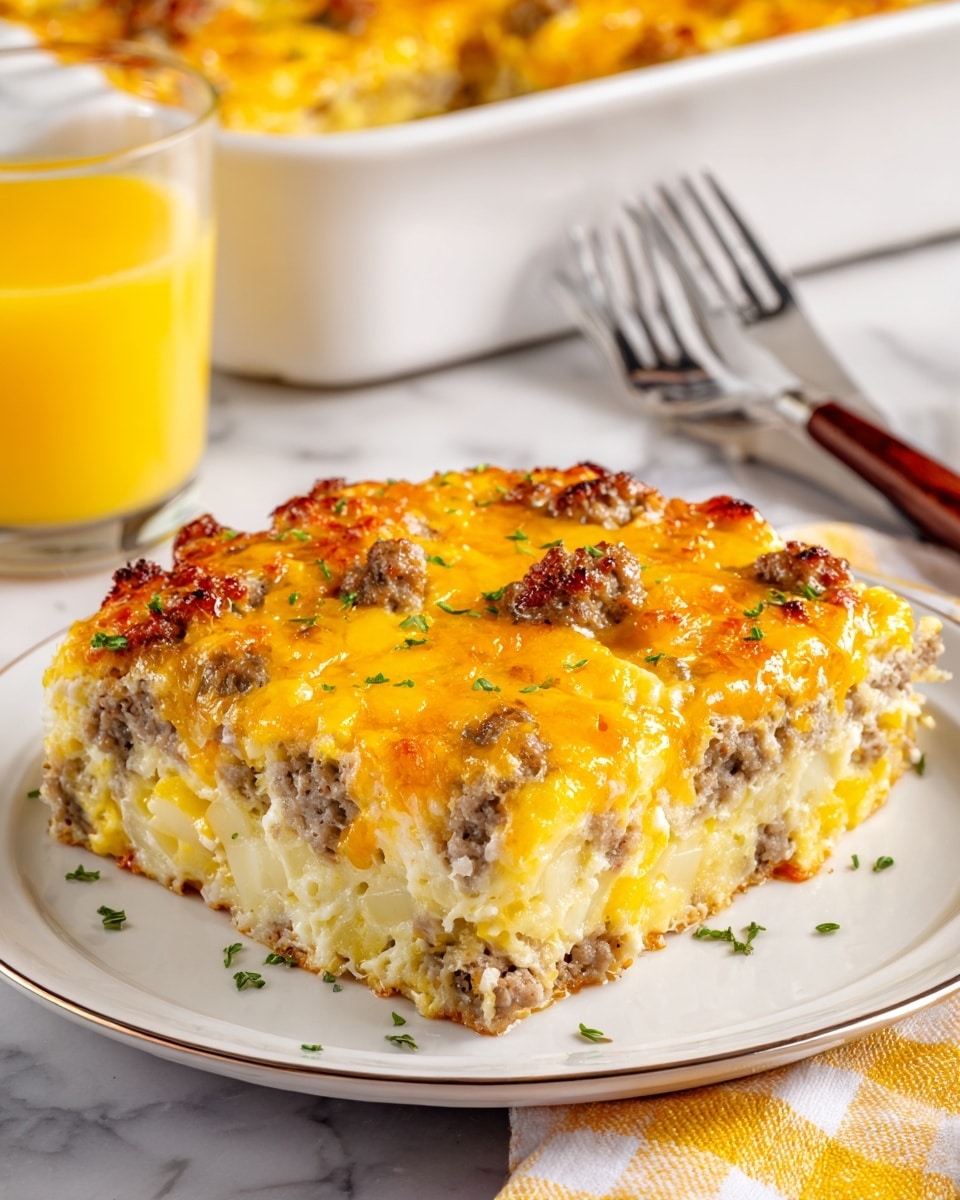 A white square baking dish filled with a baked casserole that has one thick layer, covered with melted orange-yellow cheese mixed with small browned pieces of cooked meat evenly spread on top. The cheese layer looks soft and gooey with some slightly browned spots, while the meat pieces add texture and color variation to the smooth melted cheese. The dish is placed on a white marbled surface. photo taken with an iphone --ar 4:5 --v 7