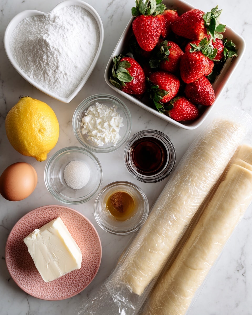 An overhead view shows various ingredients arranged on a white marbled surface: starting top left, a white heart-shaped bowl filled with white sugar, next to a white square bowl full of fresh red strawberries with green leaves, below them small clear glass bowls hold salt, a brown egg, and a dark brown liquid, while a lemon and a small clear bowl of white powder sit to the left. Near the bottom left, there is a pink textured small plate with a block of white cream cheese. On the right side, two long tubes of light beige rolled dough are wrapped in transparent plastic. The colors are bright and clean, with a smooth, neat layout. photo taken with an iphone --ar 4:5 --v 7
