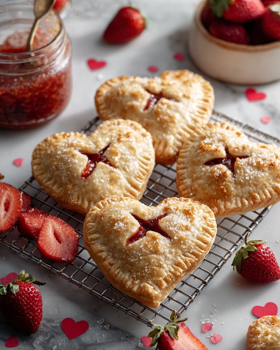 There are five heart-shaped hand pies arranged closely on a metal wire rack. Each pie has a golden-brown crust with a slightly rough texture and sugar crystals sprinkled on top. In the center of each pie, there is a small X-shaped cut showing a red filling inside. Around the pies, there are fresh whole strawberries and sliced strawberries scattered on a white marbled surface. In the background, a jar filled with strawberries and a spoon with red jam add color and depth to the scene. Small red heart-shaped confetti pieces are also scattered around. Photo taken with an iphone --ar 4:5 --v 7