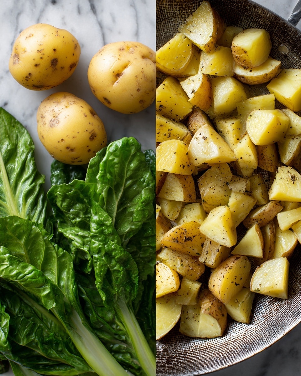 The left side shows four yellow potatoes with small brown spots, placed on a white marbled surface next to a bunch of fresh green leafy vegetables with large leaves. On the right side, there is a close-up of many potato pieces with skin on, cut into small chunks scattered across a metal pan. The potato chunks are sprinkled with black pepper, and the pan has a textured, shiny surface. photo taken with an iphone --ar 4:5 --v 7