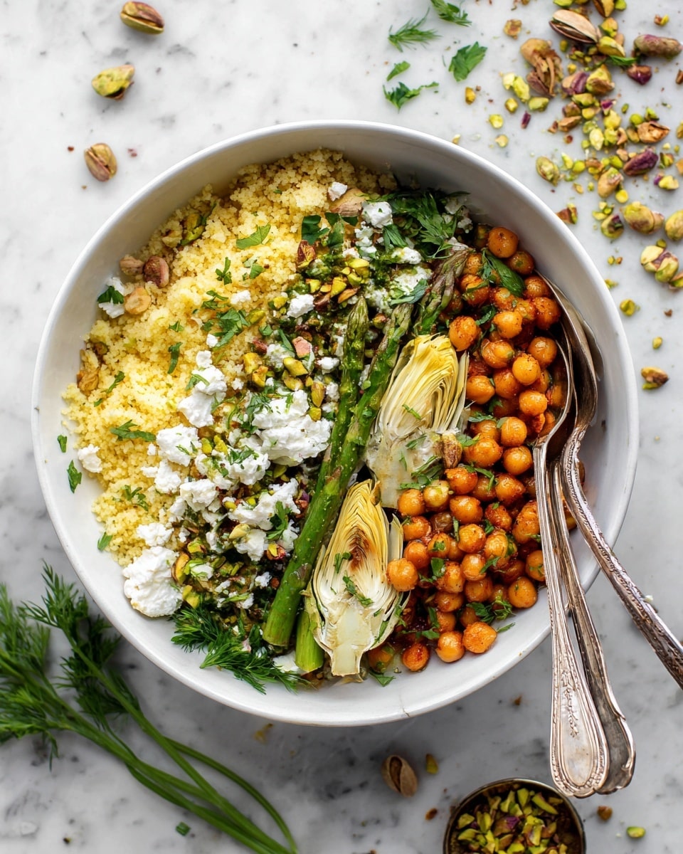 A white bowl filled with a colorful layered dish is placed on a white marbled surface. The base layer consists of fluffy yellow couscous spread around the bowl. On top of the couscous, there are bright orange chickpeas scattered throughout. Grilled green asparagus lies above the chickpeas, adding a textured and slightly charred look. Light-colored artichoke hearts are placed near the center and right side. Dollops of white soft cheese are spread unevenly around the bowl. Fresh green herbs, like parsley and dill, are sprinkled over parts of the dish, giving fresh color and texture. A small white scalloped bowl with a green herb sauce sits on the right side inside the main bowl. Two silver spoons rest inside the bowl on the left side. Photo taken with an iphone --ar 4:5 --v 7