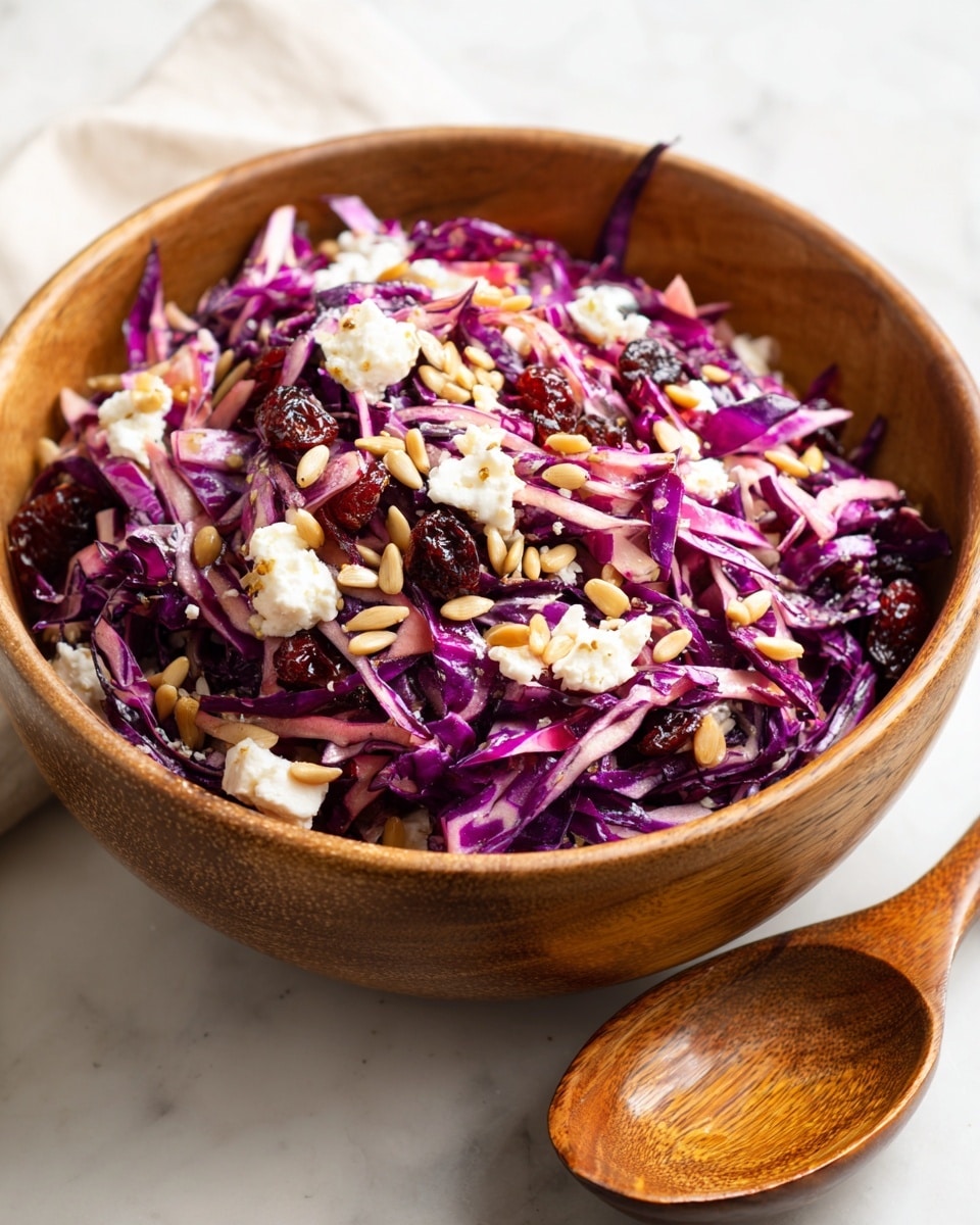 A wooden bowl filled with a colorful salad on a white marbled surface. The salad has thin layers of bright purple cabbage making up most of the dish. On top, there are scattered light beige sunflower seeds, small chunks of white cheese, and several dark red dried cranberries spread evenly. To the side, there is a large wooden spoon gently placed on the white marbled surface. The photo taken with an iphone --ar 4:5 --v 7