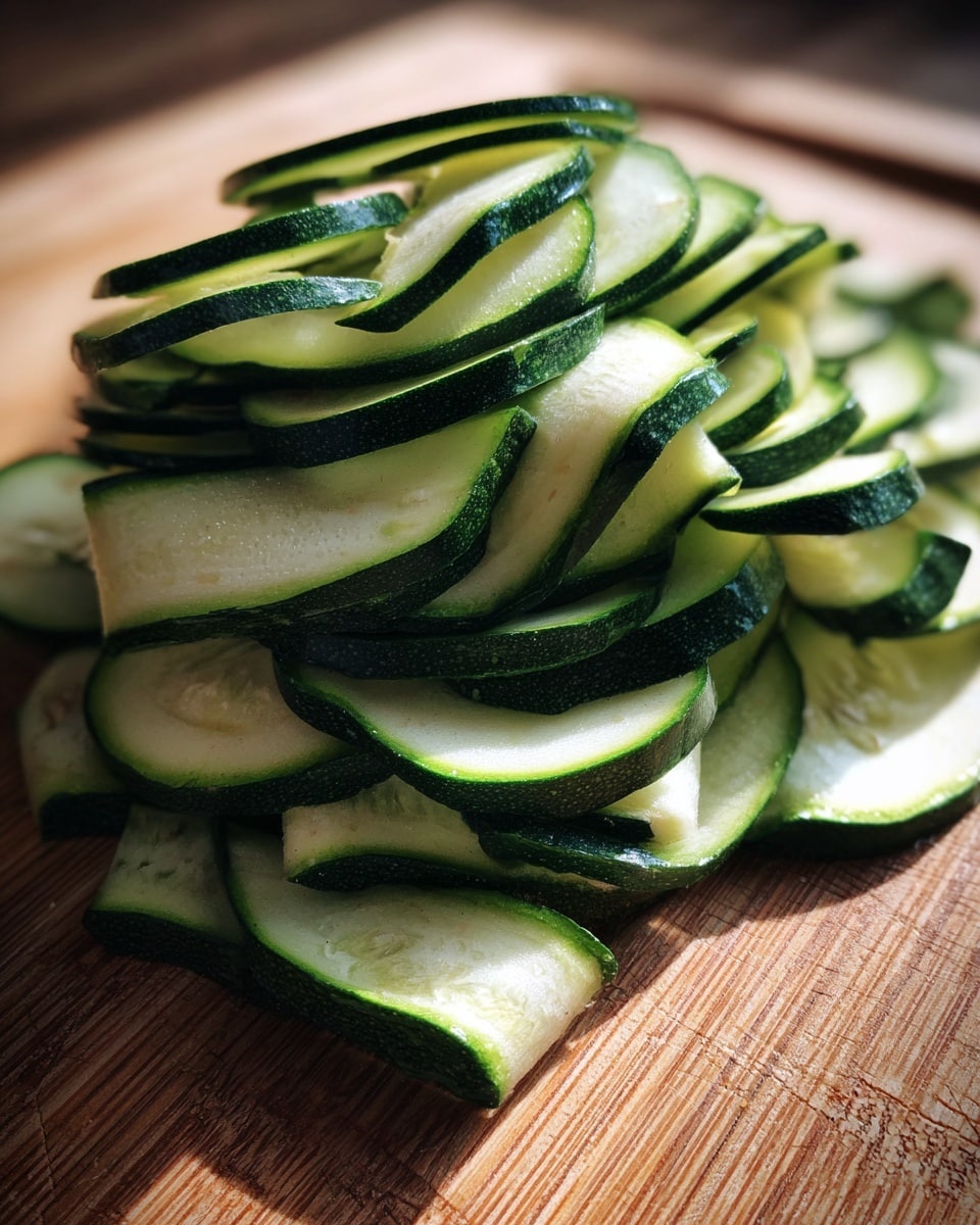 This image shows many thin long slices of light green zucchini with dark green edges, stacked loosely on a wooden cutting board. The slices are smooth and slightly curled at the edges, showing a soft texture with small pale seeds visible inside some pieces. The light and shadow create a natural look, highlighting the freshness and thinness of the zucchini layers. photo taken with an iphone --ar 4:5 --v 7
