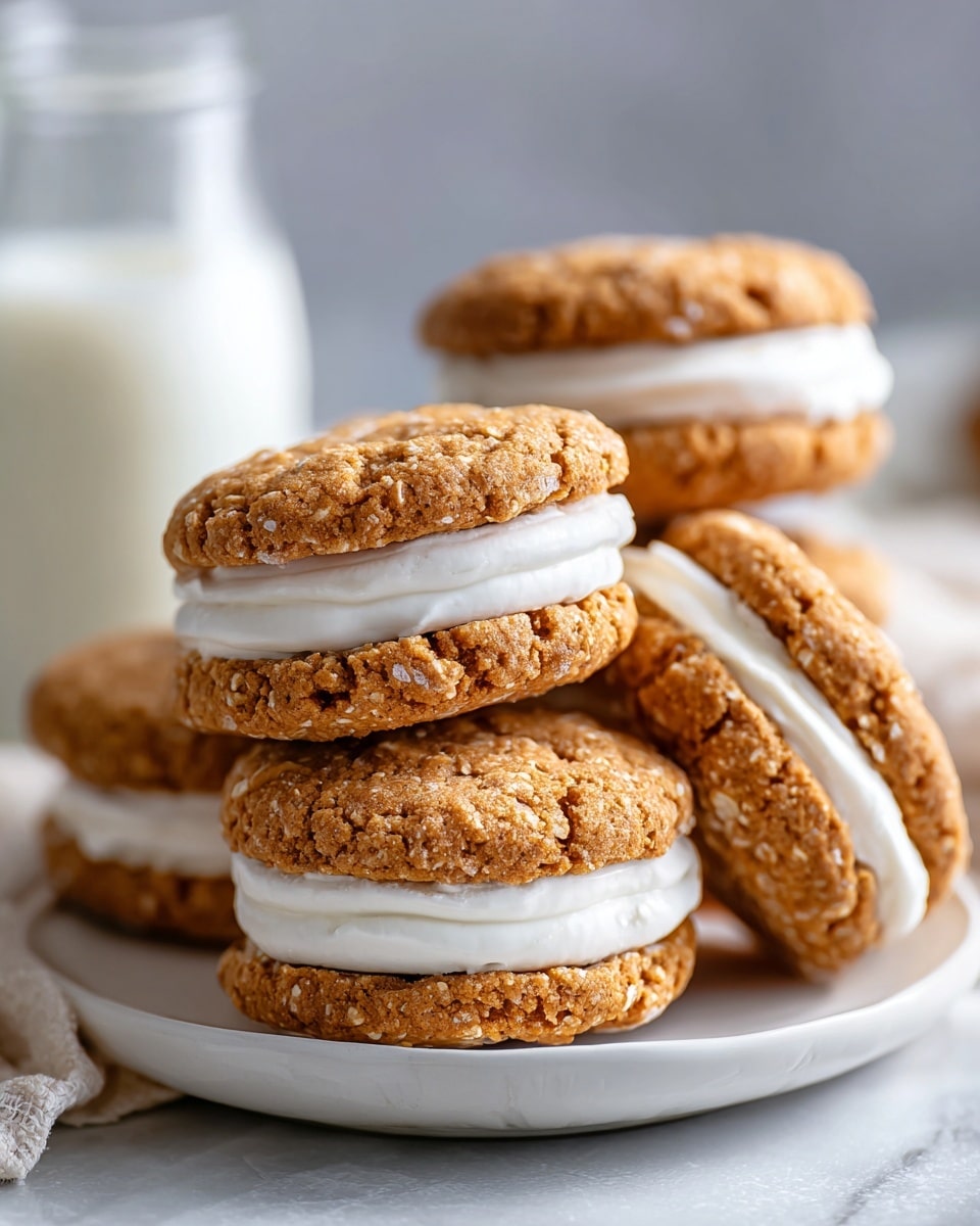 The image shows a stack of four oatmeal cream sandwich cookies on a white marbled surface. Each cookie has two rough, textured oatmeal cookie layers with a thick, smooth white cream filling in between. Next to the stack, there is a broken cookie revealing the creamy filling and crumbly texture of the oatmeal cookie. To the right, there is a clear glass bottle filled with white milk. The background is softly blurred and has a white marbled texture. photo taken with an iphone --ar 4:5 --v 7