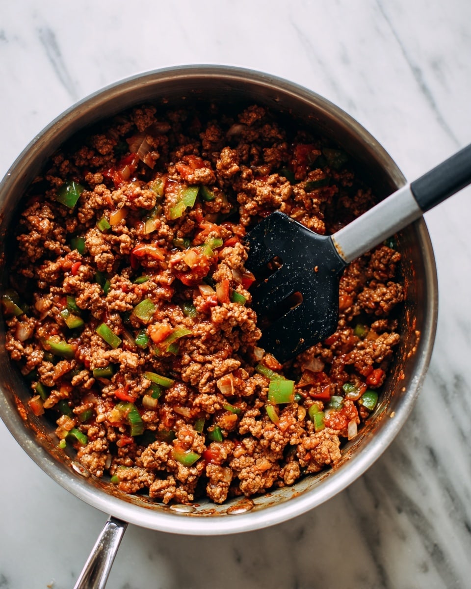 A close-up view of a metal pot filled with cooked ground meat mixed with diced onions and small green bell pepper pieces. The mixture is brownish-red with juicy texture and visible chunks, stirred by a black spatula with a silver handle resting in the pot. The pot sits on a white marbled surface. photo taken with an iphone --ar 4:5 --v 7