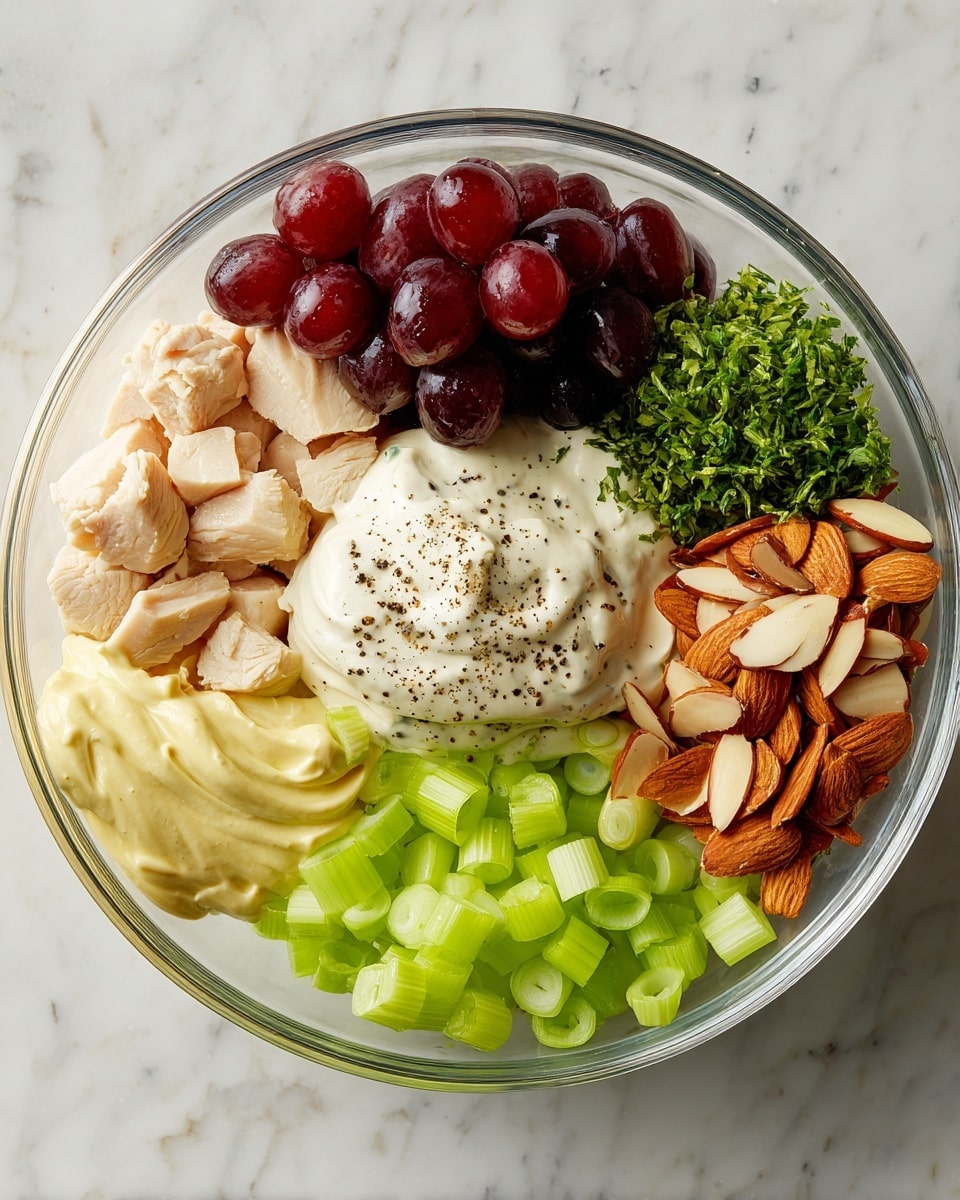 A clear glass bowl holds seven separate layers of ingredients arranged like a colorful wheel on a white marbled surface. Starting from the left, there are small pieces of light beige chicken, followed by dark red sliced grapes. Next to the grapes, finely chopped green herbs form a small pile. In the center, there is a dollop of creamy white mayonnaise with a sprinkle of black pepper on top, sitting over a smaller portion of smooth light yellow Dijon mustard. Moving right from the center, there is a cluster of bright green sliced green onion. Next to it, toasted sliced almonds with a light brown color create a crunchy texture. Finally, pale green chopped celery completes the circle. Photo taken with an iphone --ar 4:5 --v 7