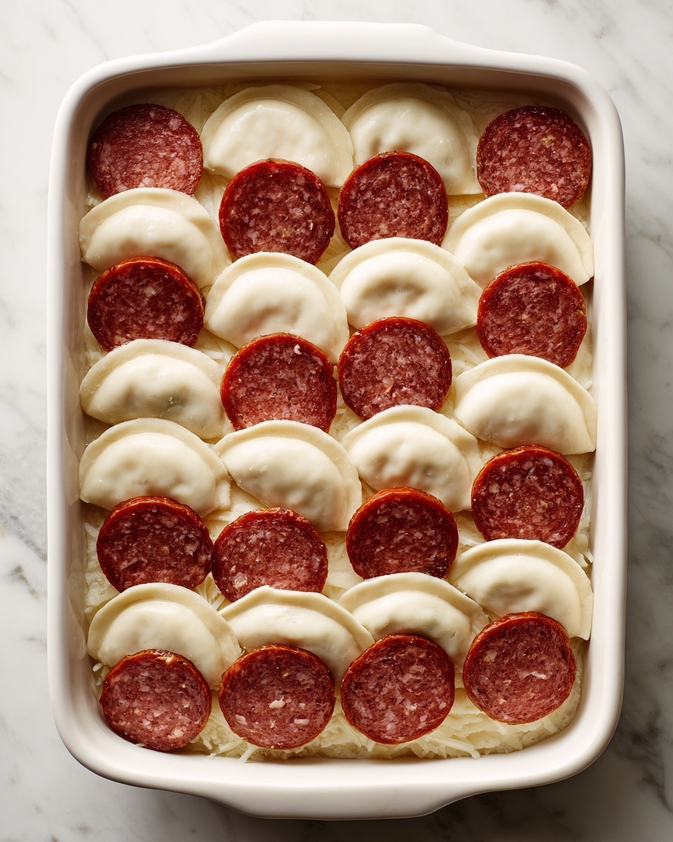 A white rectangular baking dish is filled with two layers: the bottom layer consists of white half-moon shaped dumplings arranged to cover the base, and the top layer has evenly spaced, thick slices of reddish-brown sausage with a coarse texture. The dish sits on a white marbled surface, showing a neat arrangement of the ingredients ready to cook photo taken with an iphone --ar 4:5 --v 7