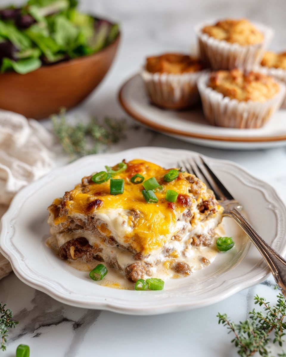 A white rectangular casserole dish filled with a cheesy baked casserole in three visible layers: the bottom layer is creamy white sauce mixed with pieces of mushrooms and green peppers, the middle layer is sliced cooked sausages browned on the edges, and the top layer is golden melted cheddar cheese sprinkled with fresh chopped green onions. A silver spoon with a wooden handle lifts a portion showing all layers together. The dish sits on a white marbled surface with some parsley and a white and blue checkered cloth nearby. Photo taken with an iphone --ar 4:5 --v 7